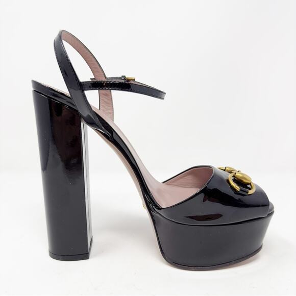 Gucci Claudie Horsebit Patent Leather Platform Sandals Heels - Picture 7 of 11
